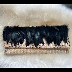 Woven Straw Feather Clutch